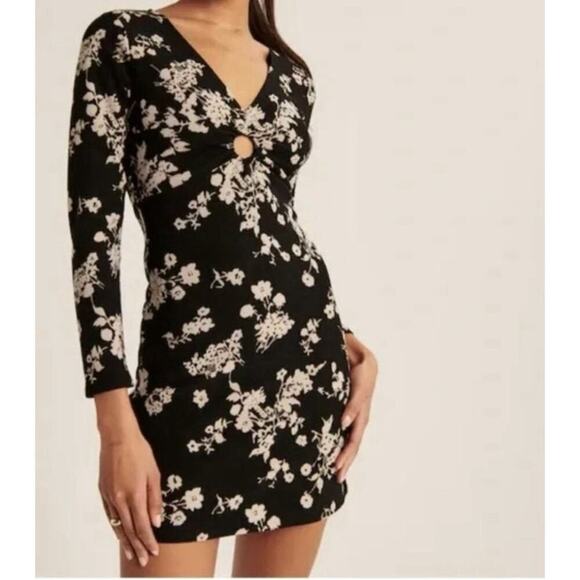 Abercrombie & Fitch NWT Black Pink Floral Long Sleeve O Ring V Neck Mini Dress S - Picture 1 of 16